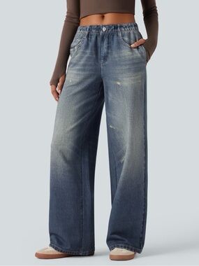 Halara Mid Rise Denim Print French Terry Casual Sweatpants Jeans with Pockets
